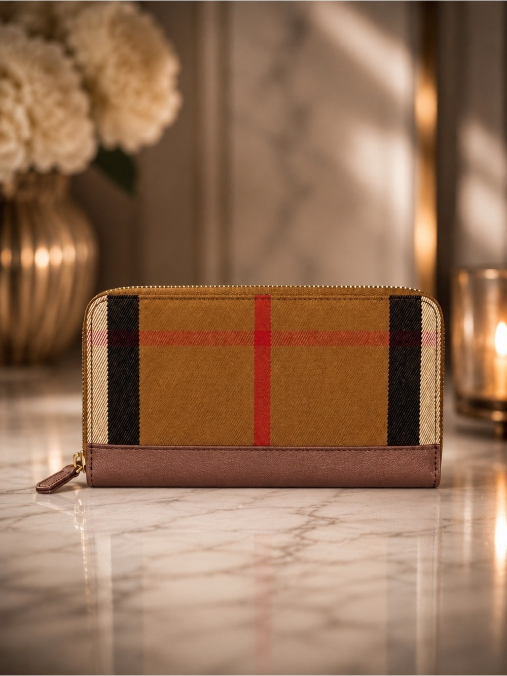 Burberry Beige Nova Check and Blush Leather Zip Around Wallet | Full Inclusion